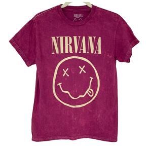 Officially Licensed Nirvana Nevermind Smiley Grunge Tee Magenta Acid Wash Small